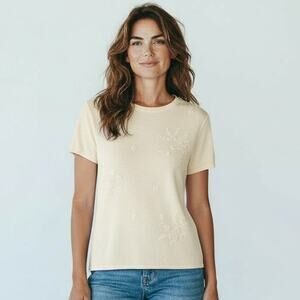 Vtg 90s Kathie Lee Collection Ivory Knit Top Floral Embroidery Size Small SOFT